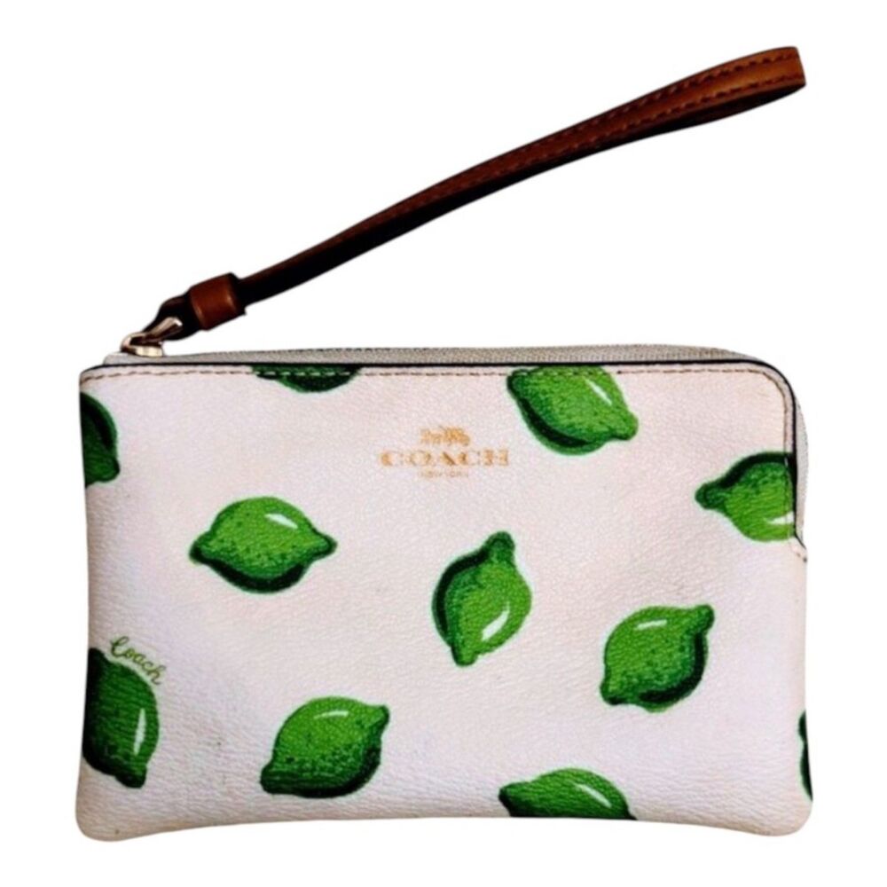 Coach Corner Zip Wristlet Lime Print Chalk Green Leather Gold Hardware Novelty